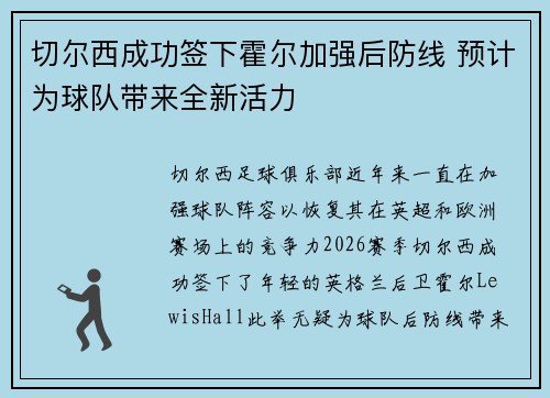 切尔西成功签下霍尔加强后防线 预计为球队带来全新活力